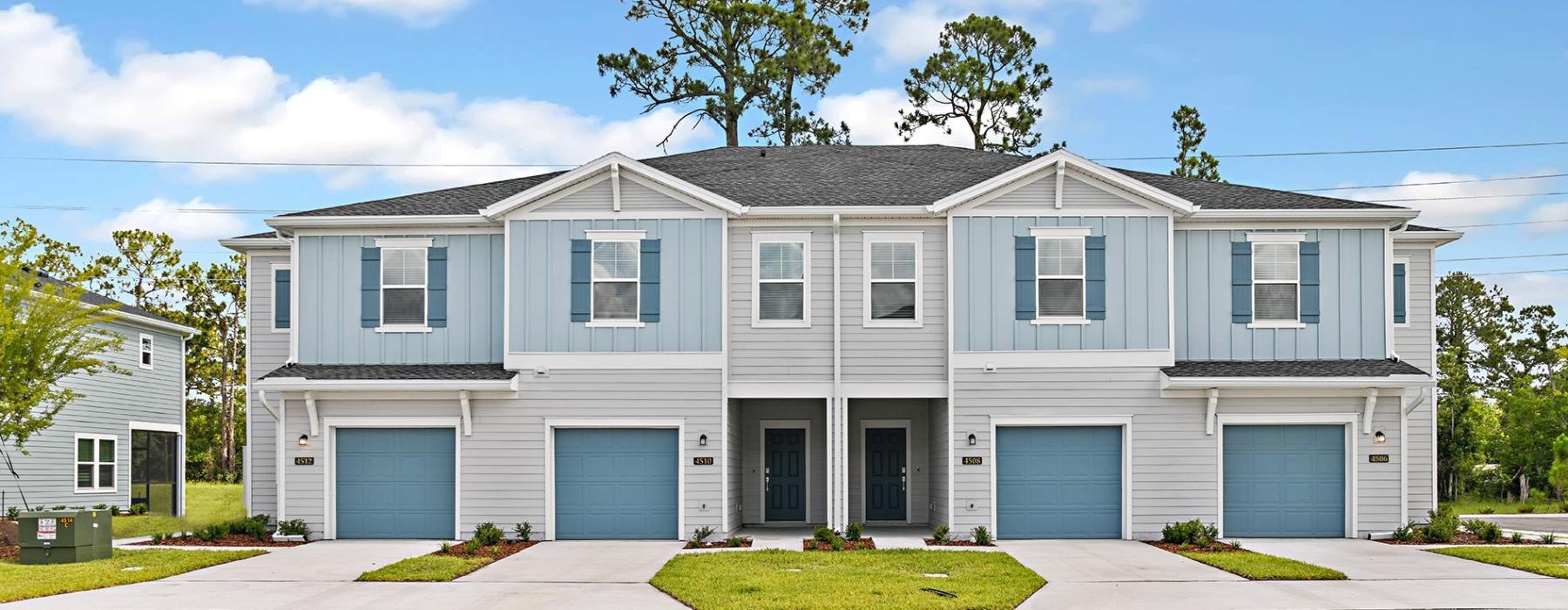 a white house with blue details